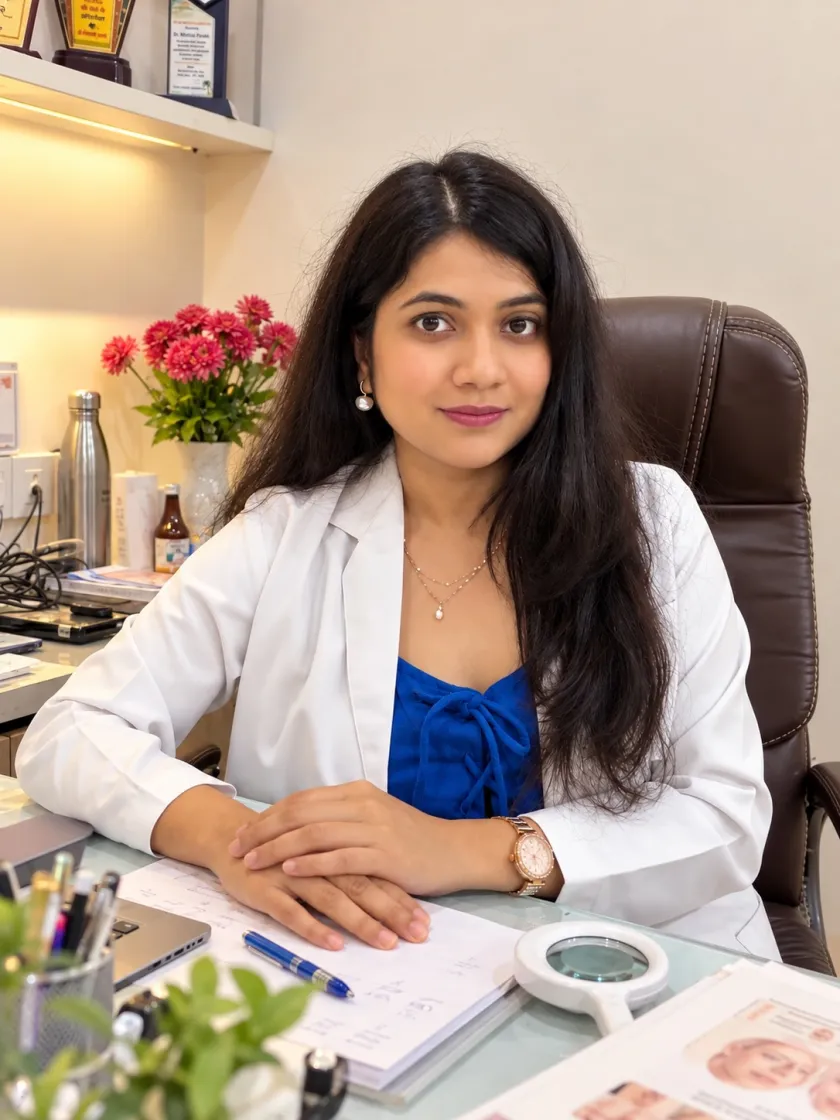 Dr Mitali Pardhi in a white coat at her consultation desk
